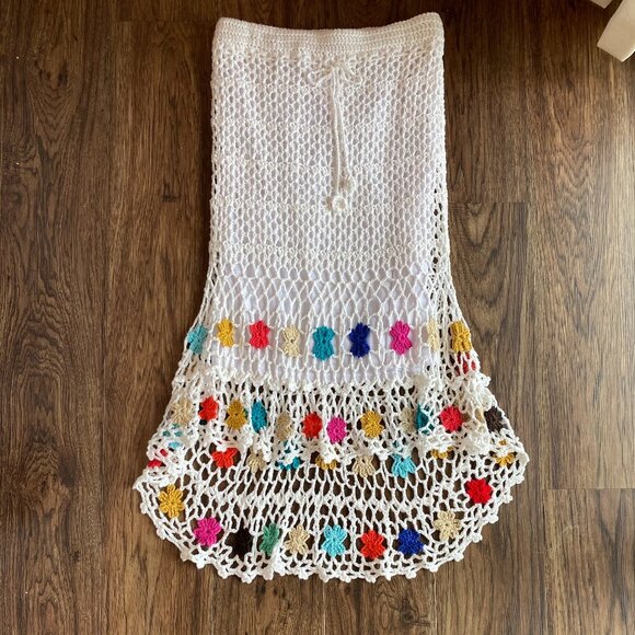Crocheted high-low white mermaid midi skirt Women's Small festival boho 70s - Picture 2 of 8